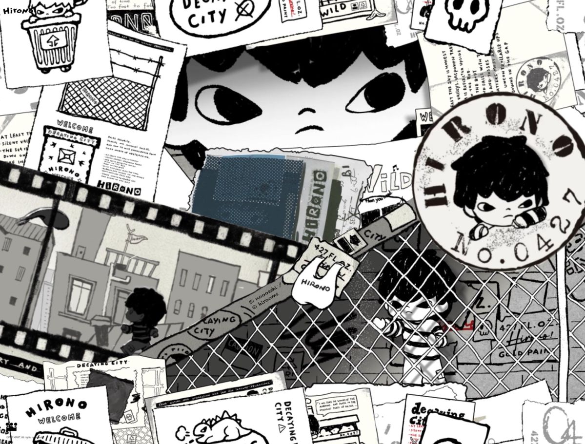 Black and white collage with illustrations of a Hirono from POP MART, buildings, and text.
